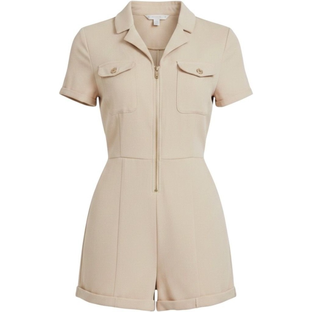 Guess Womens Romper Jumpsuit Beige Tan Short Sleeve Zip Front Utility Small